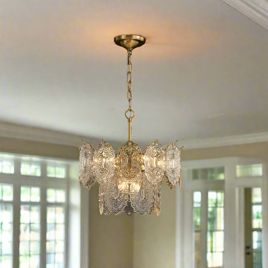 Embossed Crystal Chandelier - 5/7 Heads | Gold Luxury Ceiling Light for Sophisticated Interiors