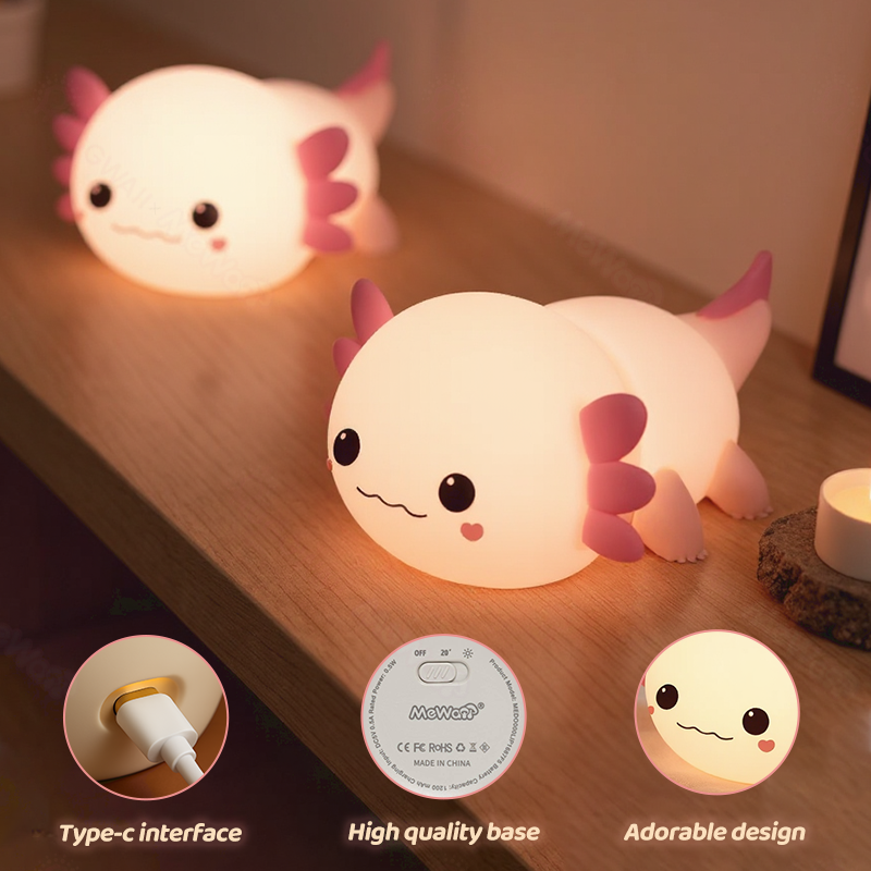 Axolotl LED Night Light - Soft Pink Glow, Touch Control, Perfect for Bedtime and Relaxation