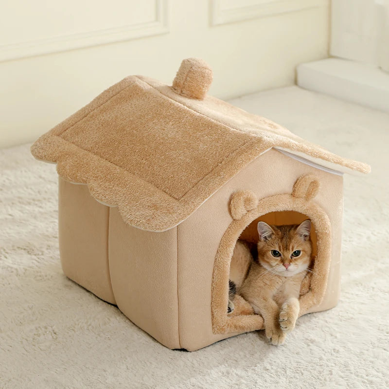Beige Comfortable Foldable Cat House - Removable Washable Bed for Cozy Indoor Outdoor Use