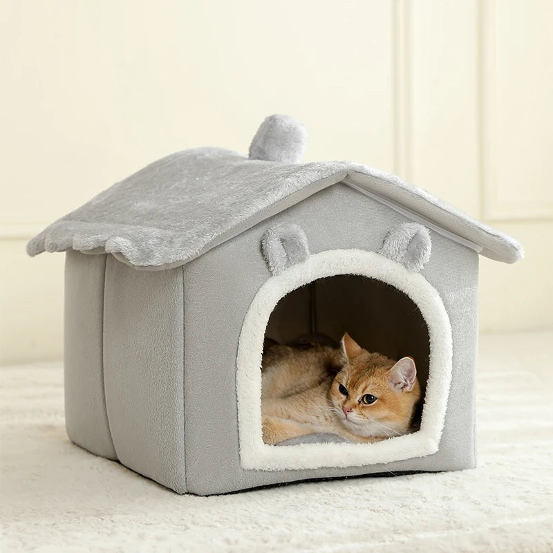 Grey Comfortable Foldable Cat House - Removable Washable Bed for Cozy Indoor Outdoor Use
