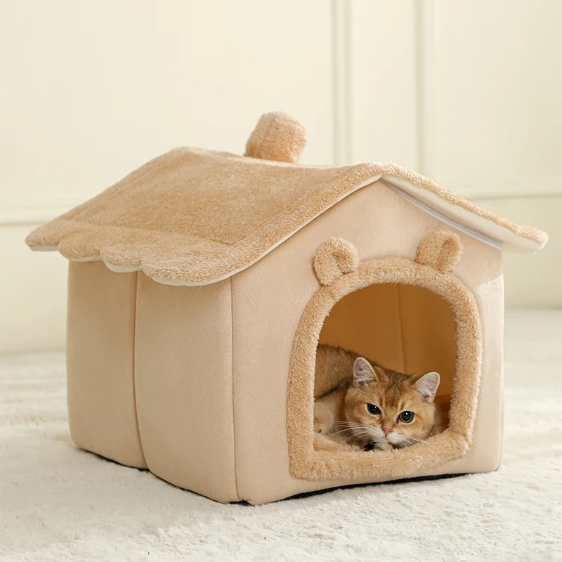 Beige Comfortable Foldable Cat House - Removable Washable Bed for Cozy Indoor Outdoor Use