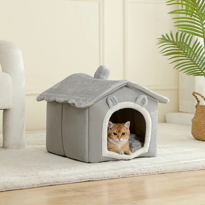 Grey Comfortable Foldable Cat House - Removable Washable Bed for Cozy Indoor Outdoor Use