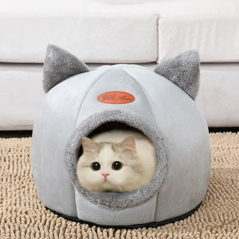 Grey Cozy Deep Sleep Cat Bed - Warm Indoor Nest with Detachable Cushion and Non-Slip Bottom for Ultimate Comfort