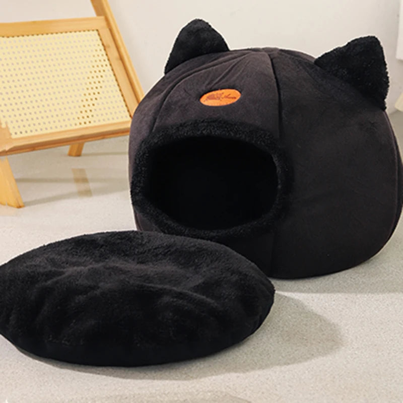 Black Cozy Deep Sleep Cat Bed - Warm Indoor Nest with Detachable Cushion and Non-Slip Bottom for Ultimate Comfort