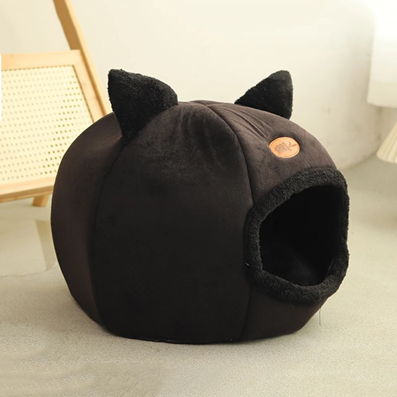 Black Cozy Deep Sleep Cat Bed - Warm Indoor Nest with Detachable Cushion and Non-Slip Bottom for Ultimate Comfort