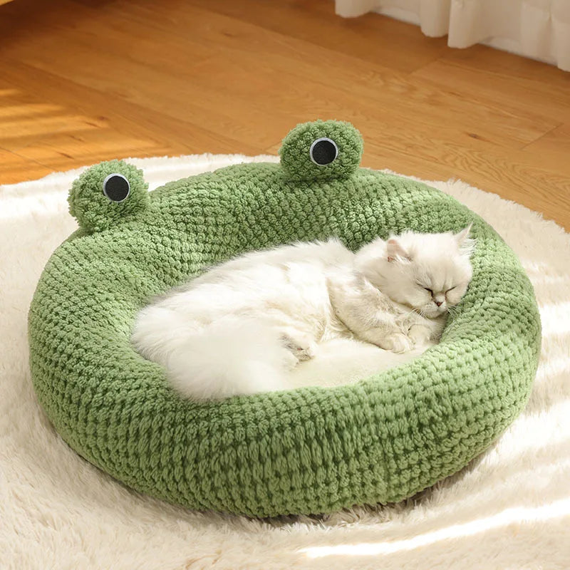 Open Cozy Frog-Shaped Plush Pet Bed for Dogs and Cats - Warm Semi-Enclosed Nest for Ultimate Comfort (Circular fossa)