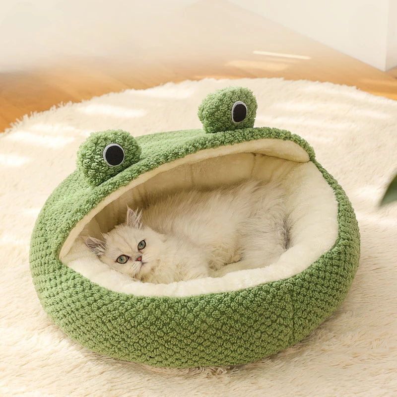 Semi-Open Cozy Frog-Shaped Plush Pet Bed for Dogs and Cats - Warm Semi-Enclosed Nest for Ultimate Comfort (Half shed fossa)