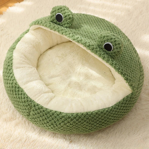 Semi-Open Cozy Frog-Shaped Plush Pet Bed for Dogs and Cats - Warm Semi-Enclosed Nest for Ultimate Comfort (Half shed fossa)