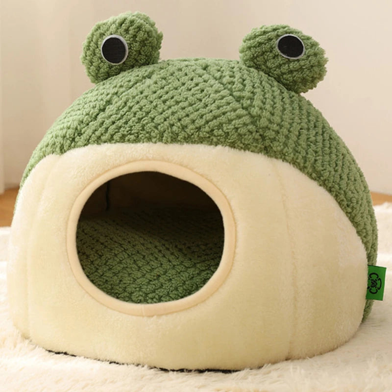 Closed Cozy Frog-Shaped Plush Pet Bed for Dogs and Cats - Warm Semi-Enclosed Nest for Ultimate Comfort (Stereoscopic fossa)