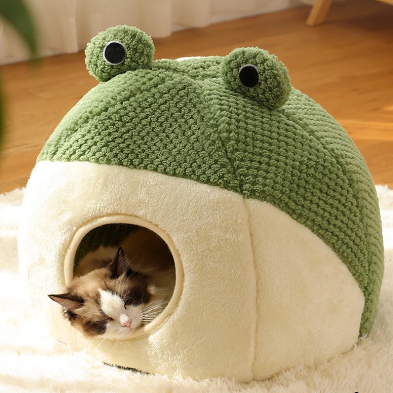 Closed Cozy Frog-Shaped Plush Pet Bed for Dogs and Cats - Warm Semi-Enclosed Nest for Ultimate Comfort (Stereoscopic fossa)