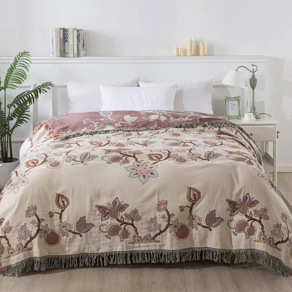 Floral Cotton Bed Blanket with Tassel Trim – Soft Jacquard Design for Cozy Comfort and Versatile Use 1