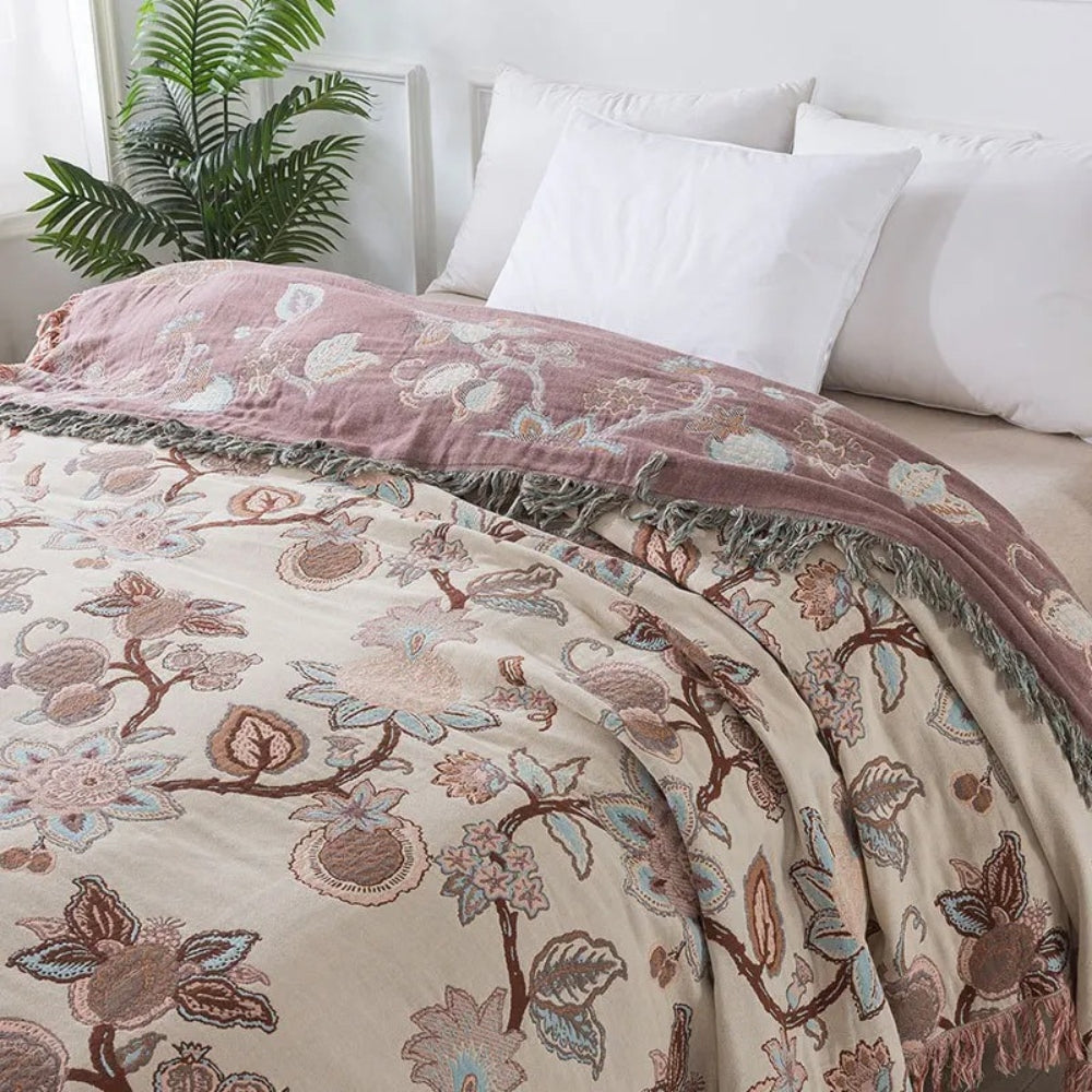 Floral Cotton Bed Blanket with Tassel Trim – Soft Jacquard Design for Cozy Comfort and Versatile Use 2