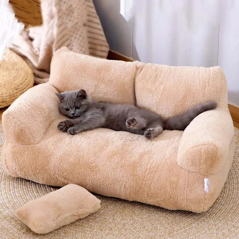 Luxury Plush Cat Bed Sofa - Cozy Winter Nest with Pillow for Small to Medium Pets