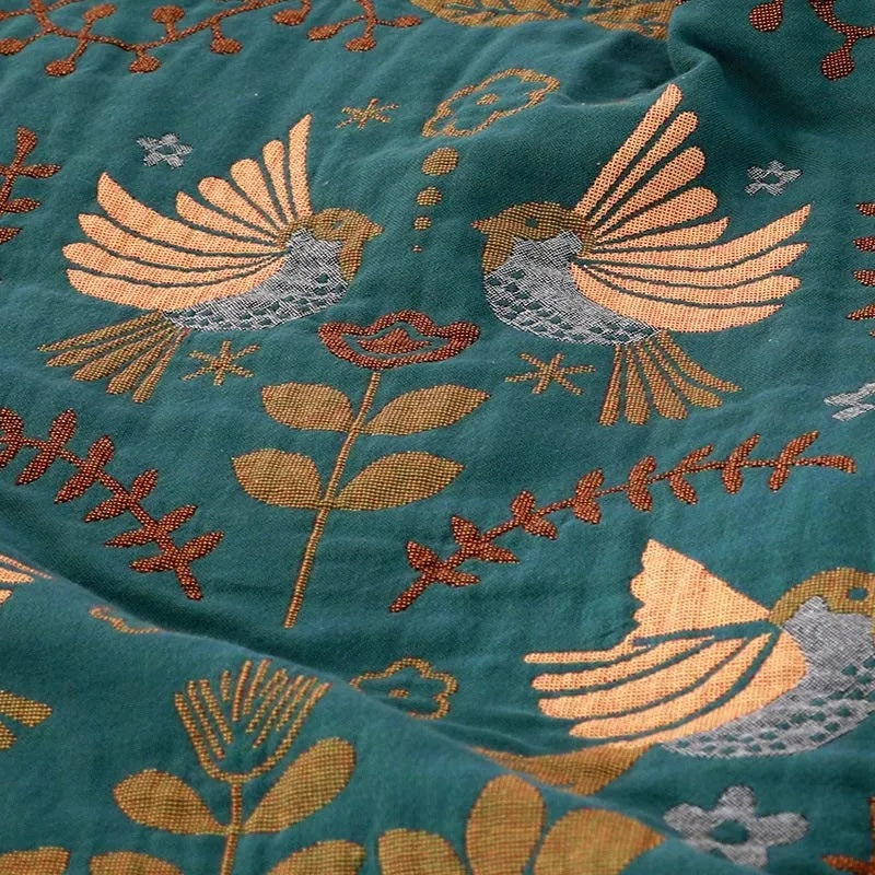 Reversible 100% Cotton Throw Blanket – Teal and Cream Scandinavian Bird Design with Decorative Fringed Edges 2