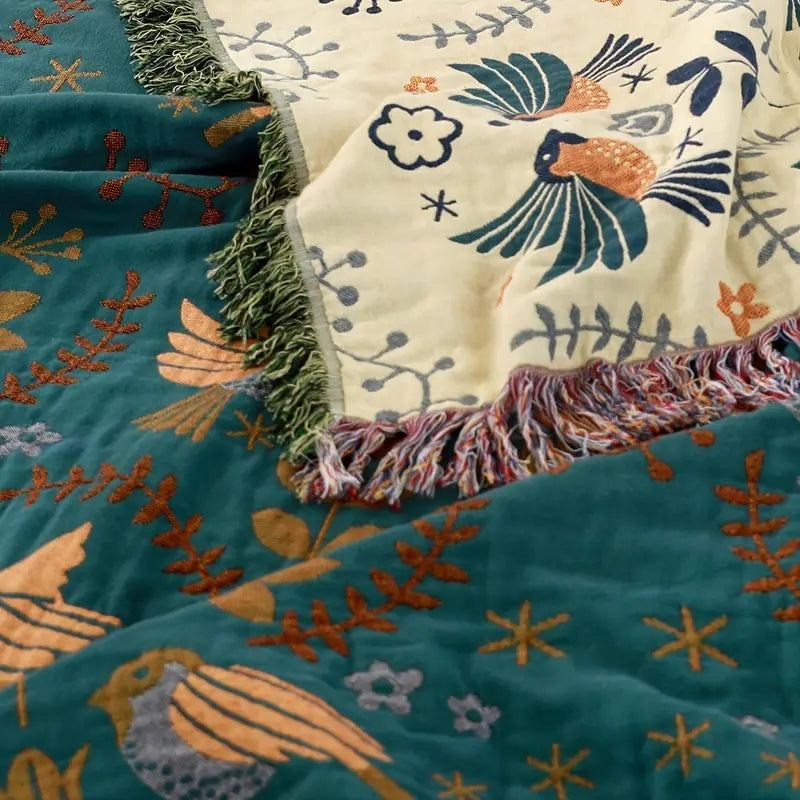 Reversible 100% Cotton Throw Blanket – Teal and Cream Scandinavian Bird Design with Decorative Fringed Edges 5