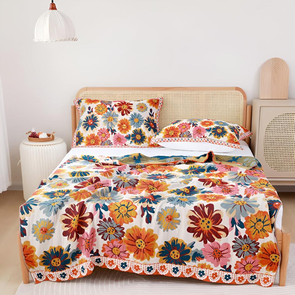 Reversible Bright Flower Cotton Throw Blanket – Eco-Friendly, Soft, Multi-Purpose Use for Sofa or Bed 0