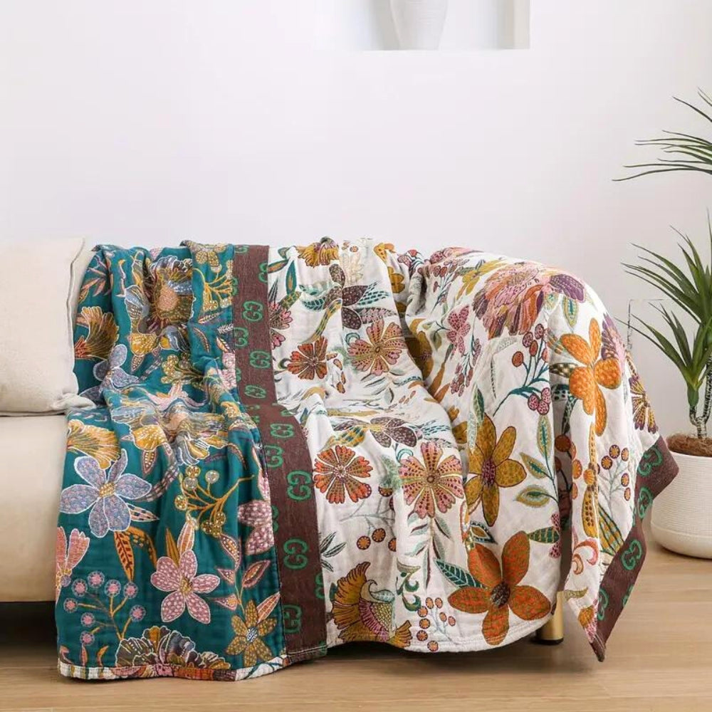 Reversible Floral Cotton Throw Blanket – Cozy Decorative Coverlet for Sofa and Bed, All-Season Comfort 1