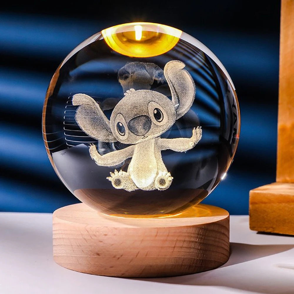 Stitch: 3D Laser-Engraved Crystal Globe Night Light with Beechwood Base