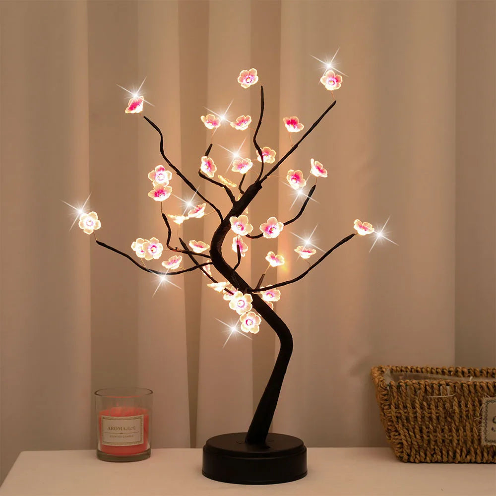 Cherry Blossom Tree LED Table Lamp – 50cm Touch Sensor, Warm White Glow, Battery Operated with 35 Lights, Pink Flowers, Black Branches-2