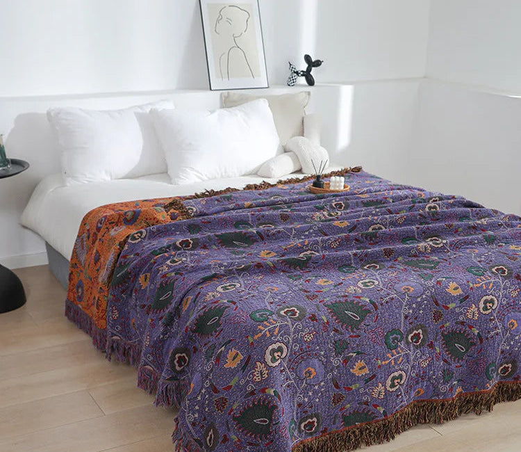 Purple Cooling Cotton Blanket – Large Boho Throw for Summer Home Decoration, Soft and Breathable, Ideal for Beds and Sofas