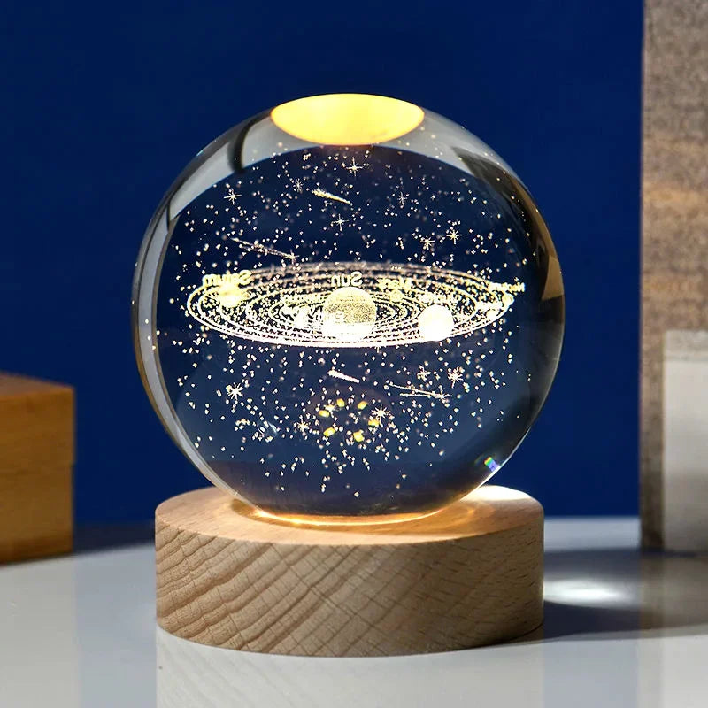 Solar System: 3D Laser-Engraved Crystal Globe Night Light with Beechwood Base