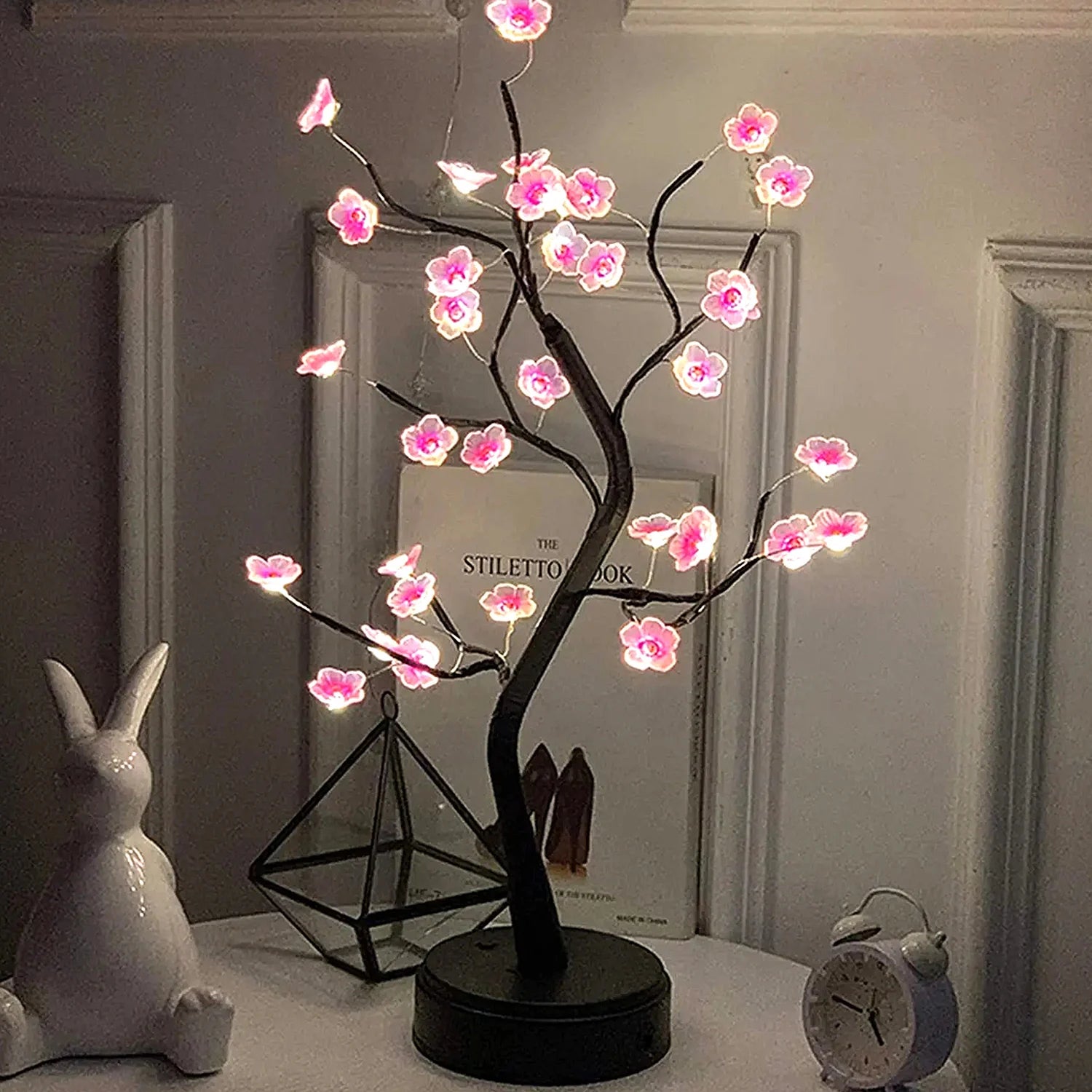 Cherry Blossom Tree LED Table Lamp – 50cm Touch Sensor, Warm White Glow, Battery Operated with 35 Lights, Pink Flowers, Black Branches-1