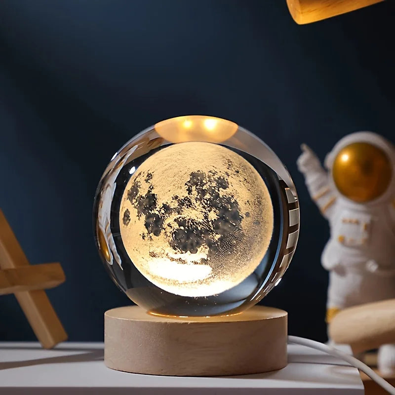 Moon: 3D Laser-Engraved Crystal Globe Night Light with Beechwood Base
