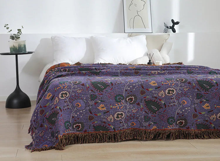 Purple Cooling Cotton Blanket – Large Boho Throw for Summer Home Decoration, Soft and Breathable, Ideal for Beds and Sofas