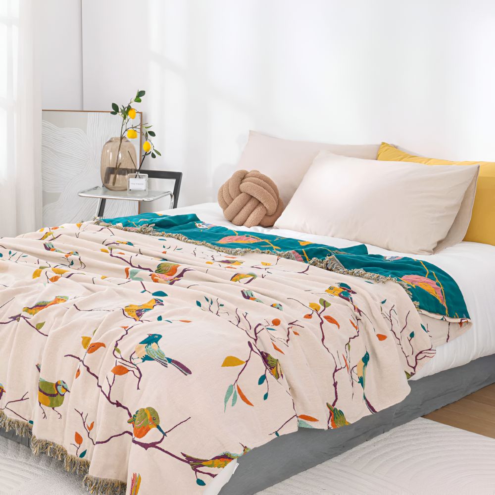 Whimsical Bird Cotton Throw Blanket with Tassels – Lightweight Boho Home Decor, Vibrant Multi-Color Design 0