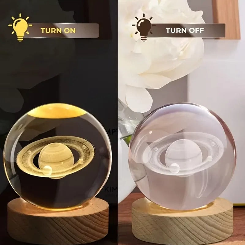 Saturn: 3D Laser-Engraved Crystal Globe Night Light with Beechwood Base