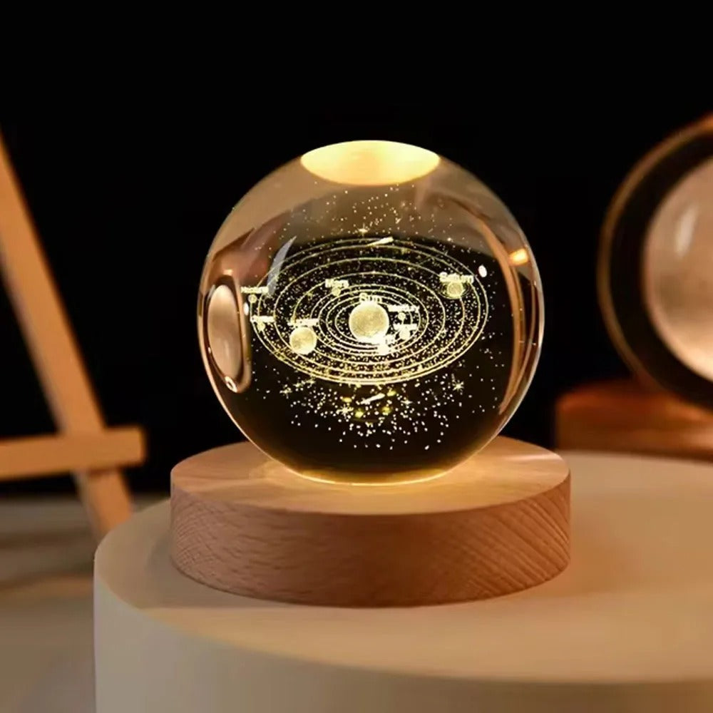 Solar System: 3D Laser-Engraved Crystal Globe Night Light with Beechwood Base