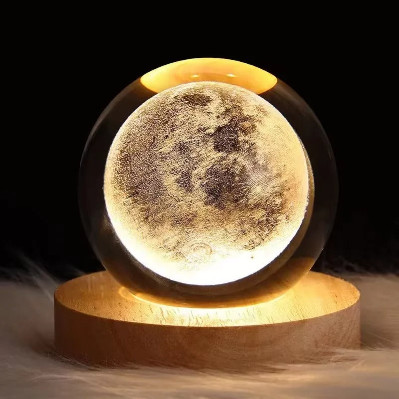 Moon: 3D Laser-Engraved Crystal Globe Night Light with Beechwood Base