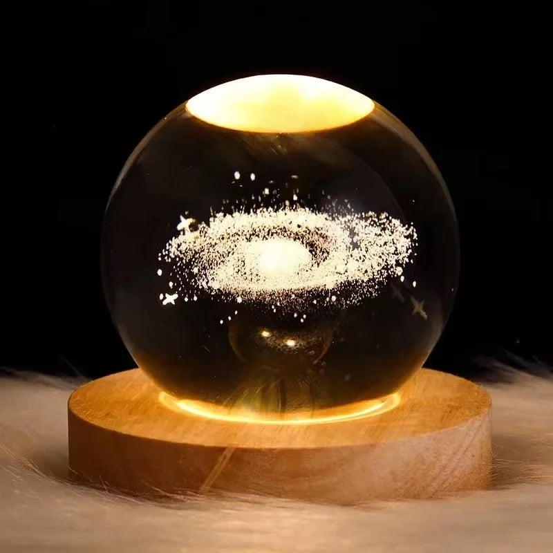 Milky Way: 3D Laser-Engraved Crystal Globe Night Light with Beechwood Base