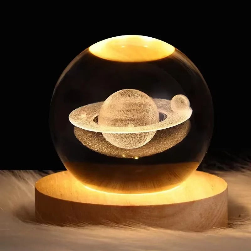 Saturn: 3D Laser-Engraved Crystal Globe Night Light with Beechwood Base